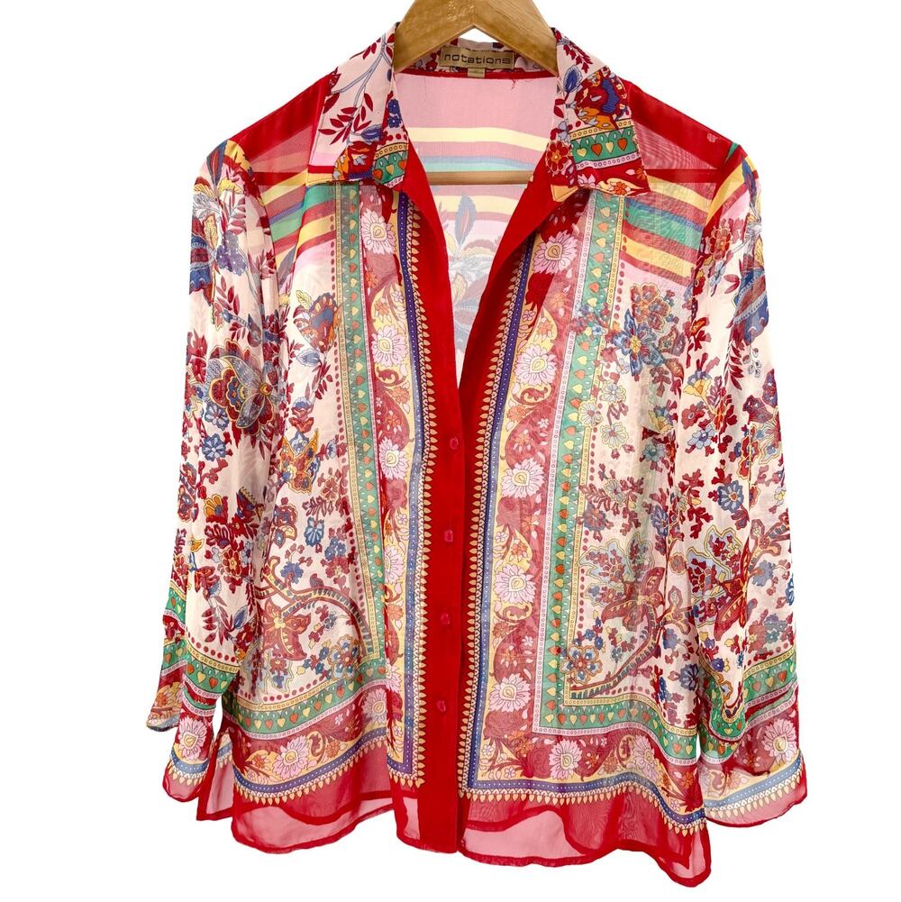 Vintage Y2K Notations Red Scarf Print Sheer Ruffle Cuff Blouse